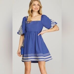 She + Sky Royal Blue Square Neck Embroidered Puff Sleeve Mini Dress